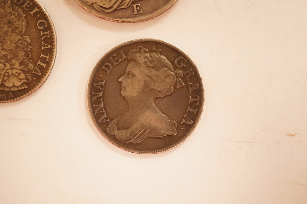 British silver coins, Anne (1702-1714), crown, 1707E, fine or better, halfcrown, 1712, fine or better, George II (1727-1760) halfcrown, 1746 Lima, near VF